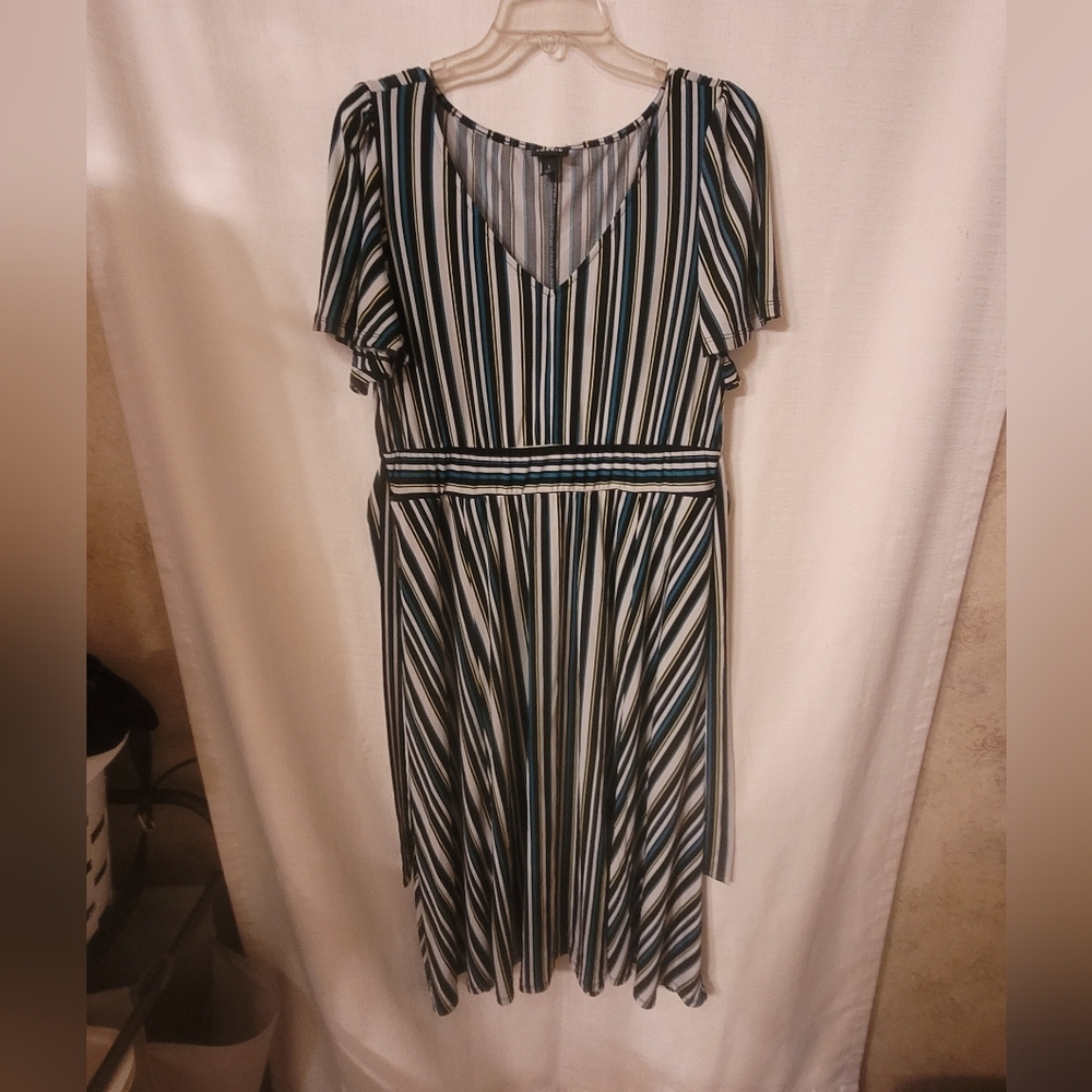 Torrid Black, White, Green and Blue Striped Shortsleeve Dress